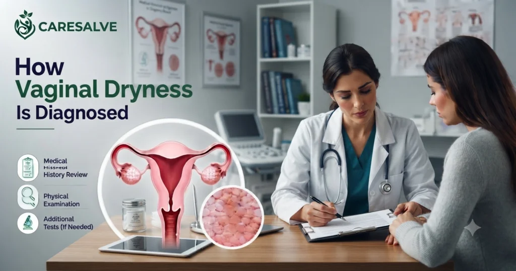 Gynecologist consulting with a woman about vaginal dryness symptoms and performing a medical evaluation for diagnosis.