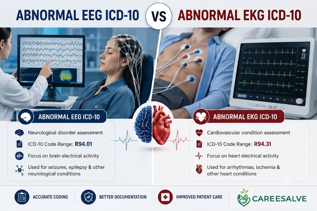 A medical chart comparison contrasting the multiple neurological brainwave tracings of an abnormal EEG with a single cardiovascular rhythm strip of an abnormal EKG for ICD-10 medical coding.
