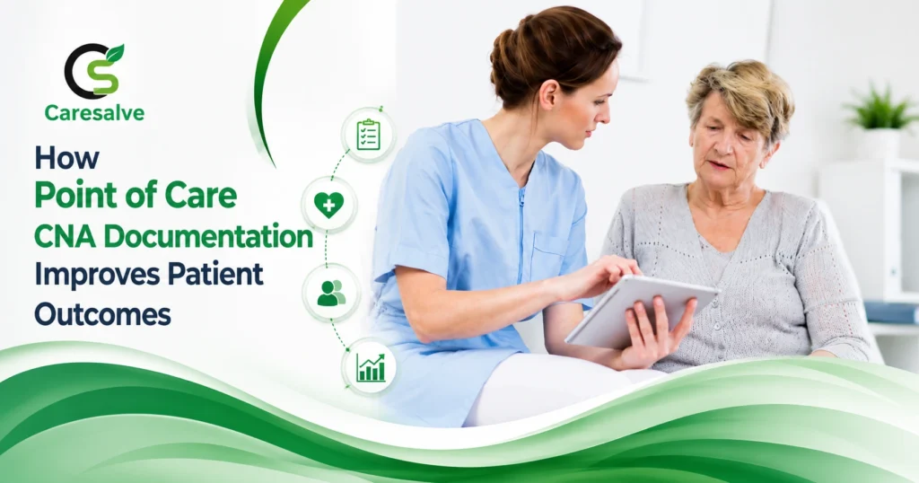 A CNA logging real-time point of care documentation on a digital tablet at a patient's bedside to improve tracking accuracy and clinical outcomes.