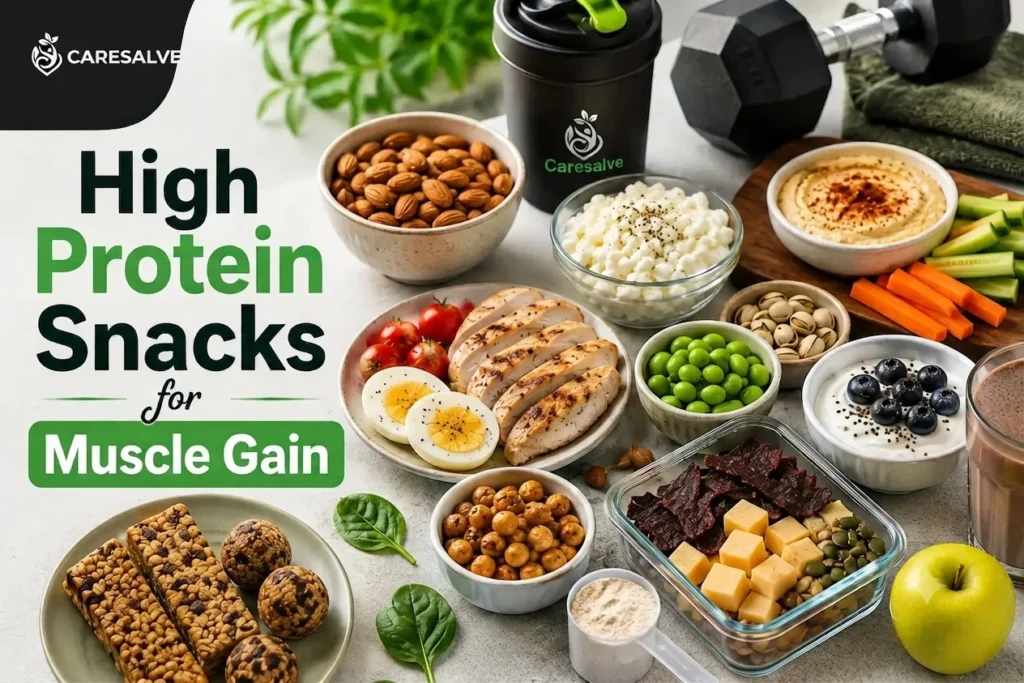 High-protein snacks including boiled eggs, Greek yogurt, cottage cheese, nuts, protein bars, and chicken wraps for muscle gain.