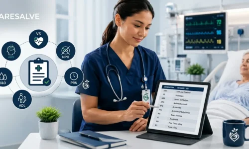 Point of Care CNA charting dashboard showing a digital quick entry interface with a grid of resident profiles and documentation tasks.