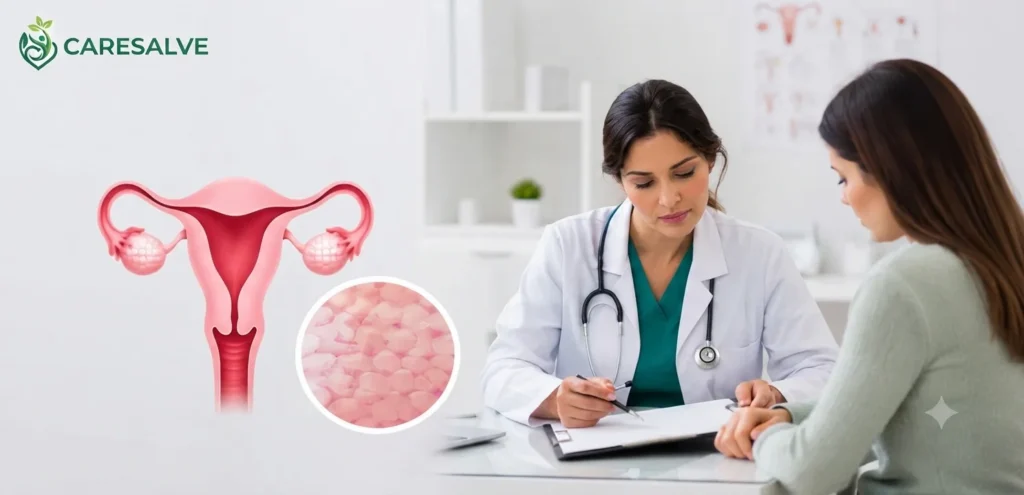 Medical illustration representing vaginal dryness, its common causes, symptoms, and available treatment options for women's health.